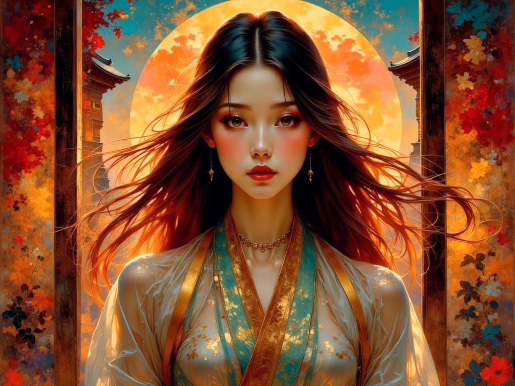 Vibrant Angelic Figure in Sunset Ceremony Attire