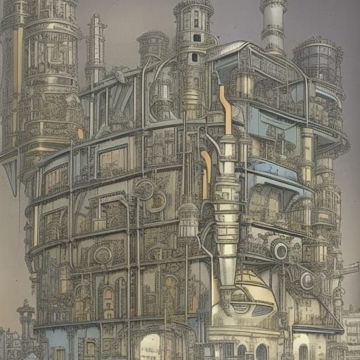 Steampunk Arcology Ground Level View in 8K