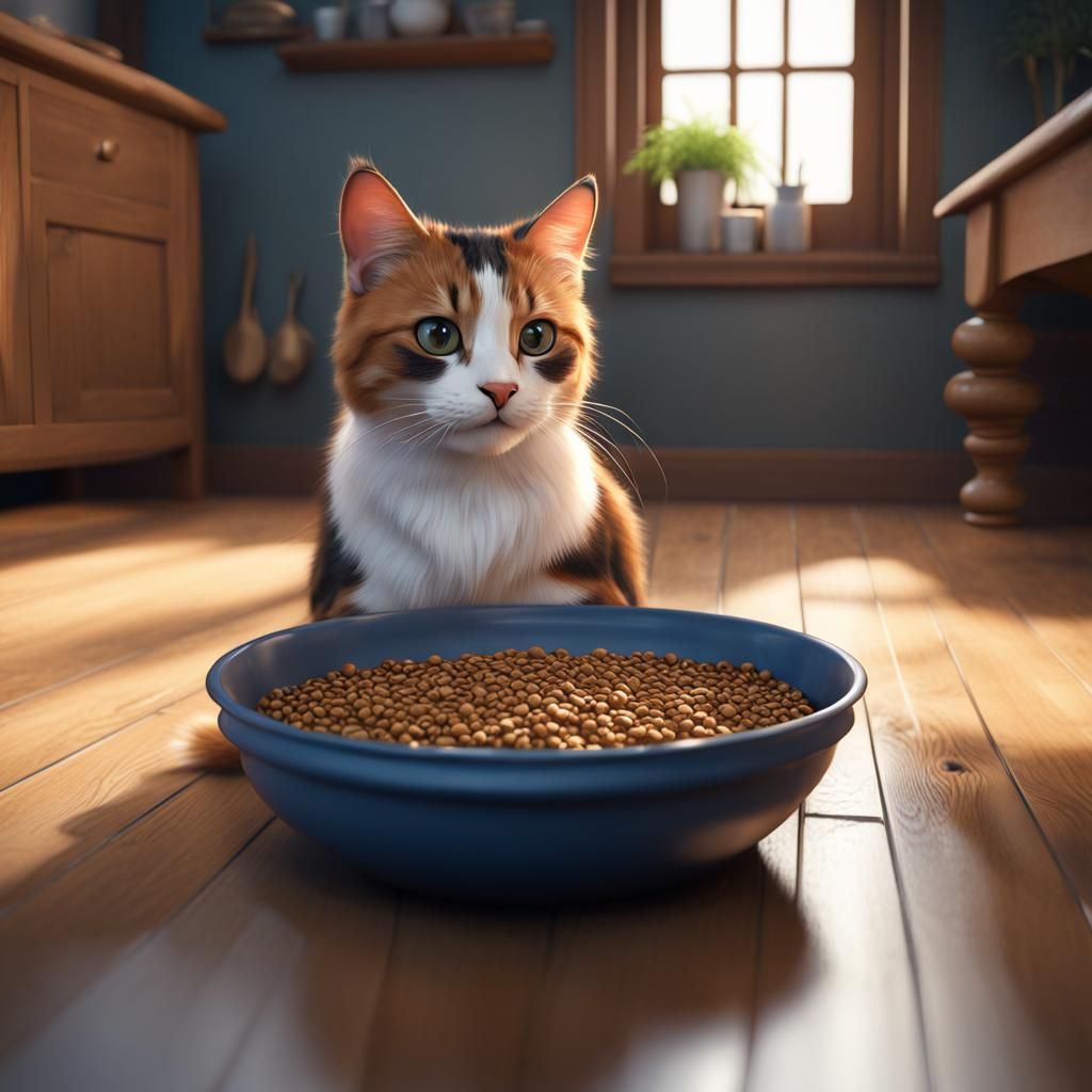 Hyperrealistic Calico Cat Eating Food in 8K