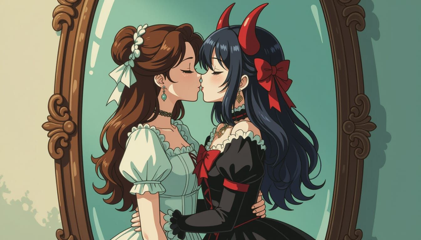 Romantic Gothic Kiss Reflected in Vintage Mirror