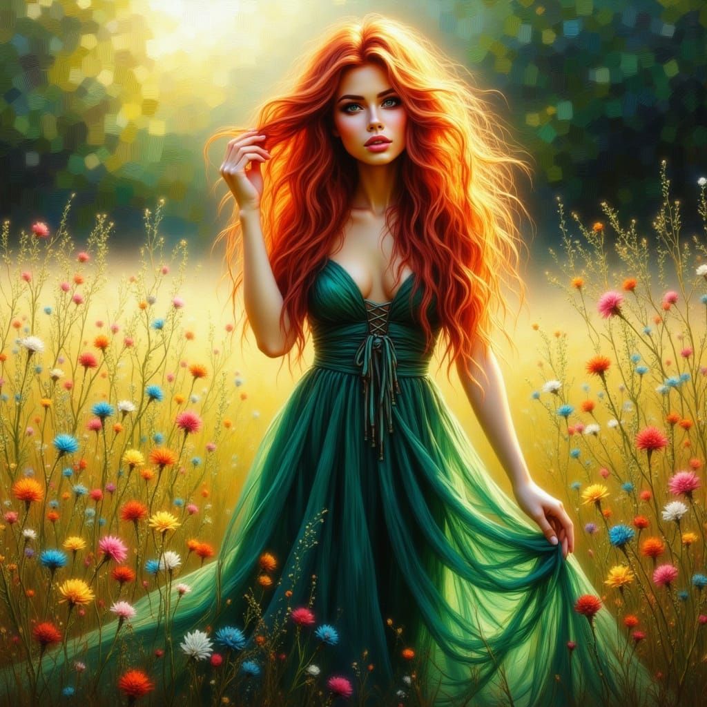 Sultry Redhead in Emerald Dress in Sun-Dappled Meadow