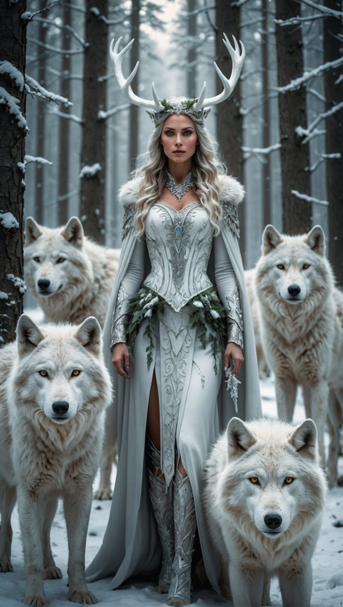 Mystical Forest Goddess in Winter Landscape