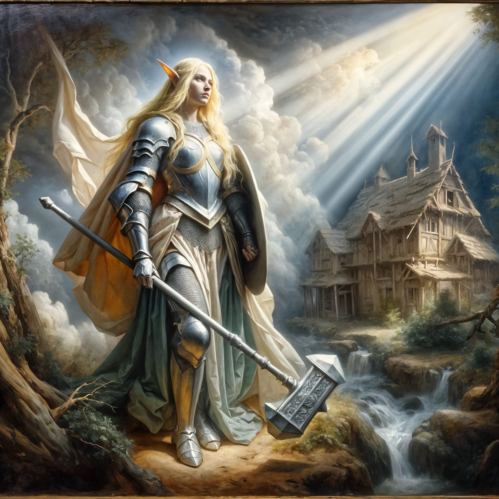 Serene White Knight in Tenebrist Oil Painting