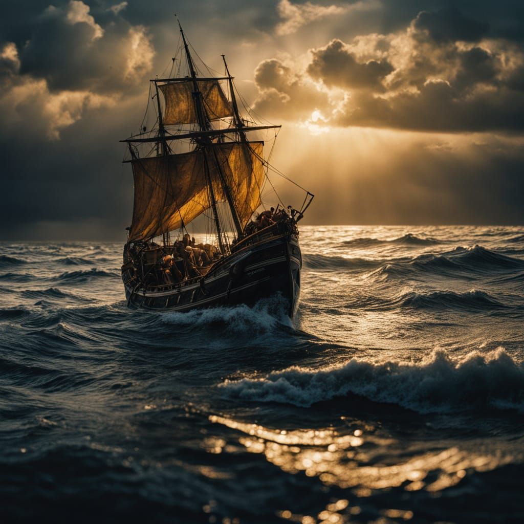 Dramatic Baroque Ship Scene in a Glass Bottle