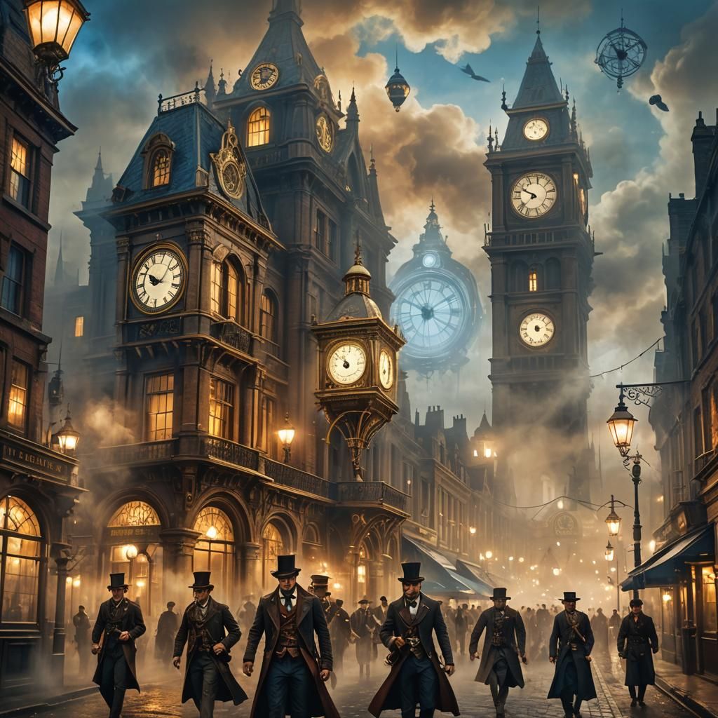 Steampunk Explorers in Foggy London Street Scene