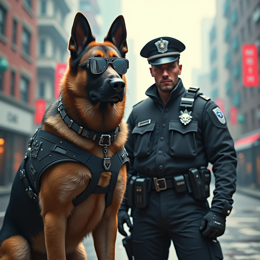 Cybernetic Police Dog in Futuristic Cityscape