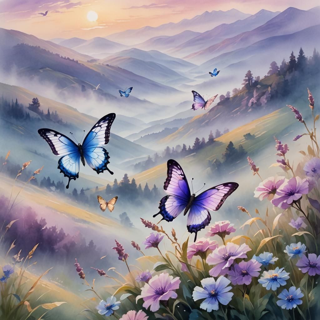 Butterflies in Watercolor Fantasy Landscape at Dawn