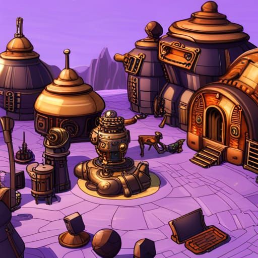 Steampunk Village on Purple Planet with Robots