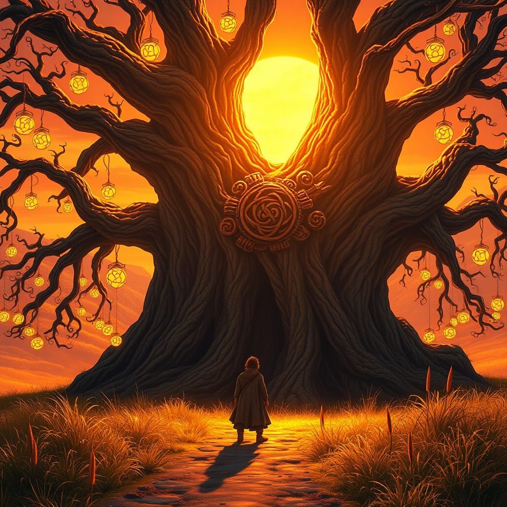 Colossal Ancient Tree with Glowing Orbs at Sunset