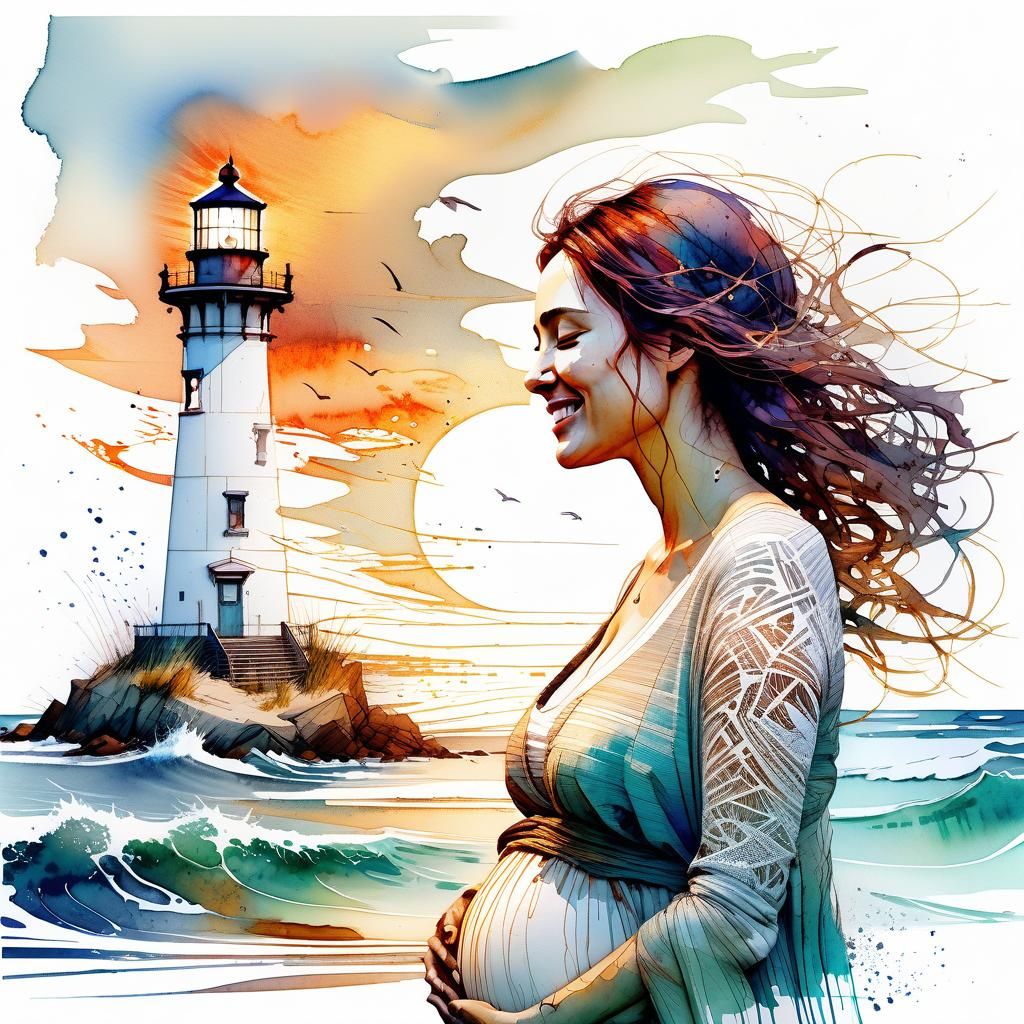 Watercolor Painting of Pregnant Woman at Lighthouse