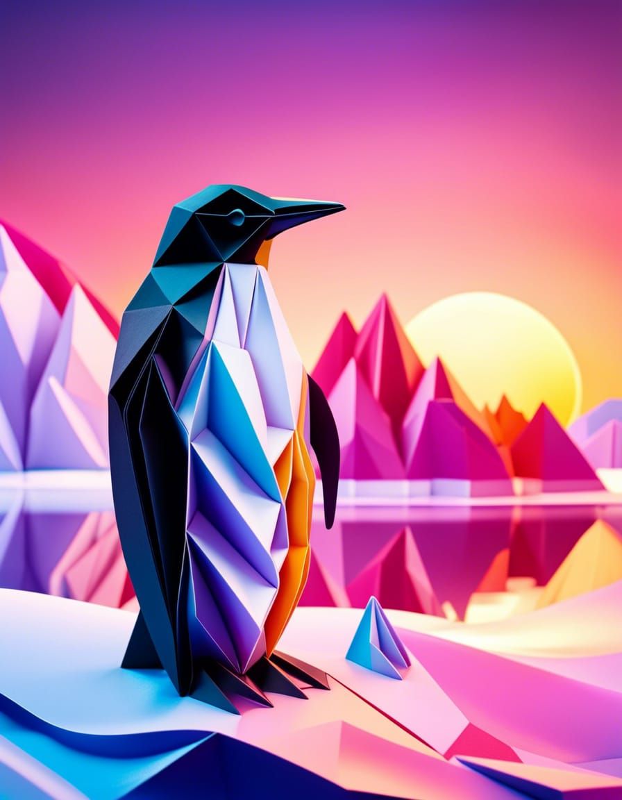 3D Origami Penguin on Ice at Sunrise