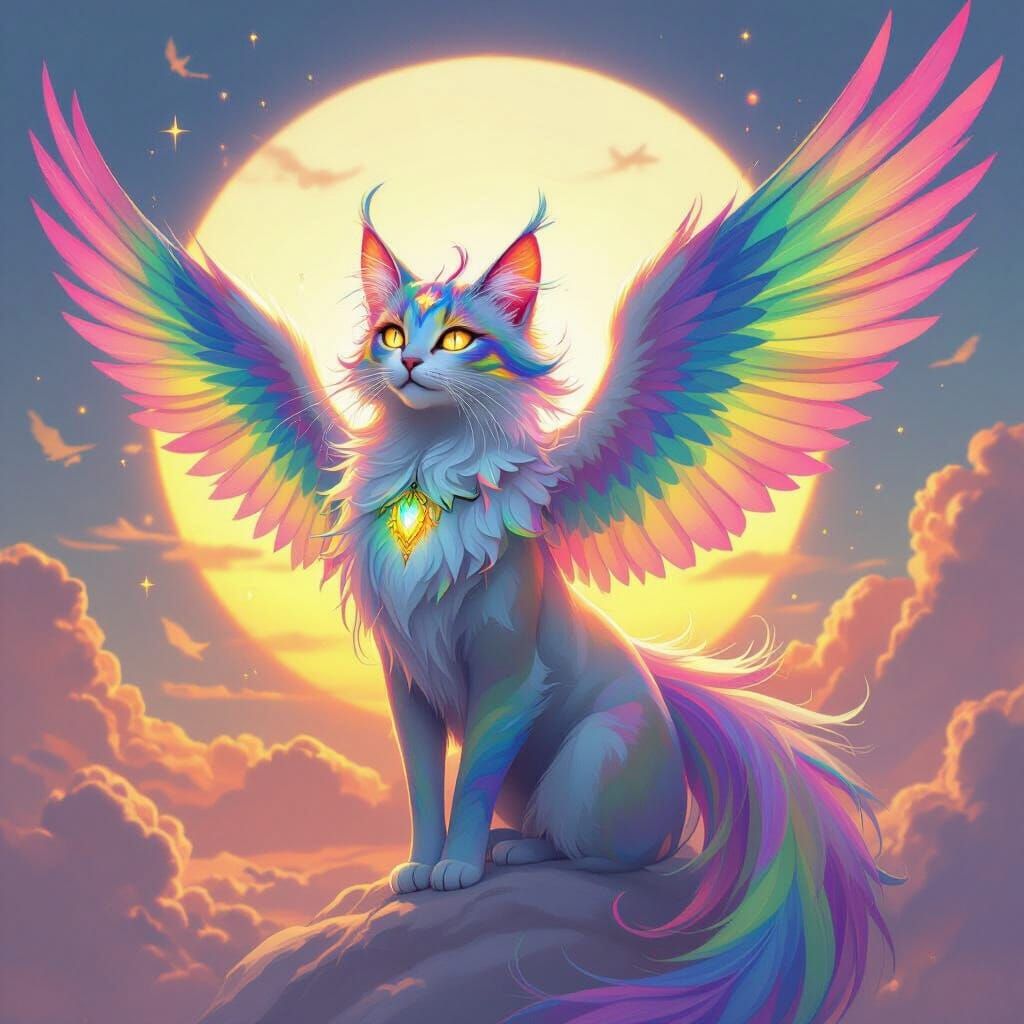 Rainbow Winged Cat Woman Flies at Sunset in Fantasy Art Styl...