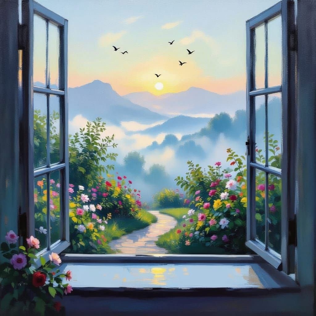 Impressionist Morning Landscape with Misty Mountains