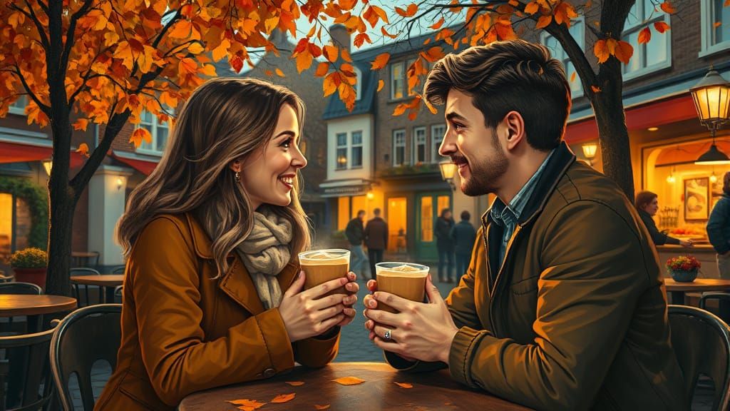 Cozy Autumn Night: Couple at Cafe in Impressionist Style