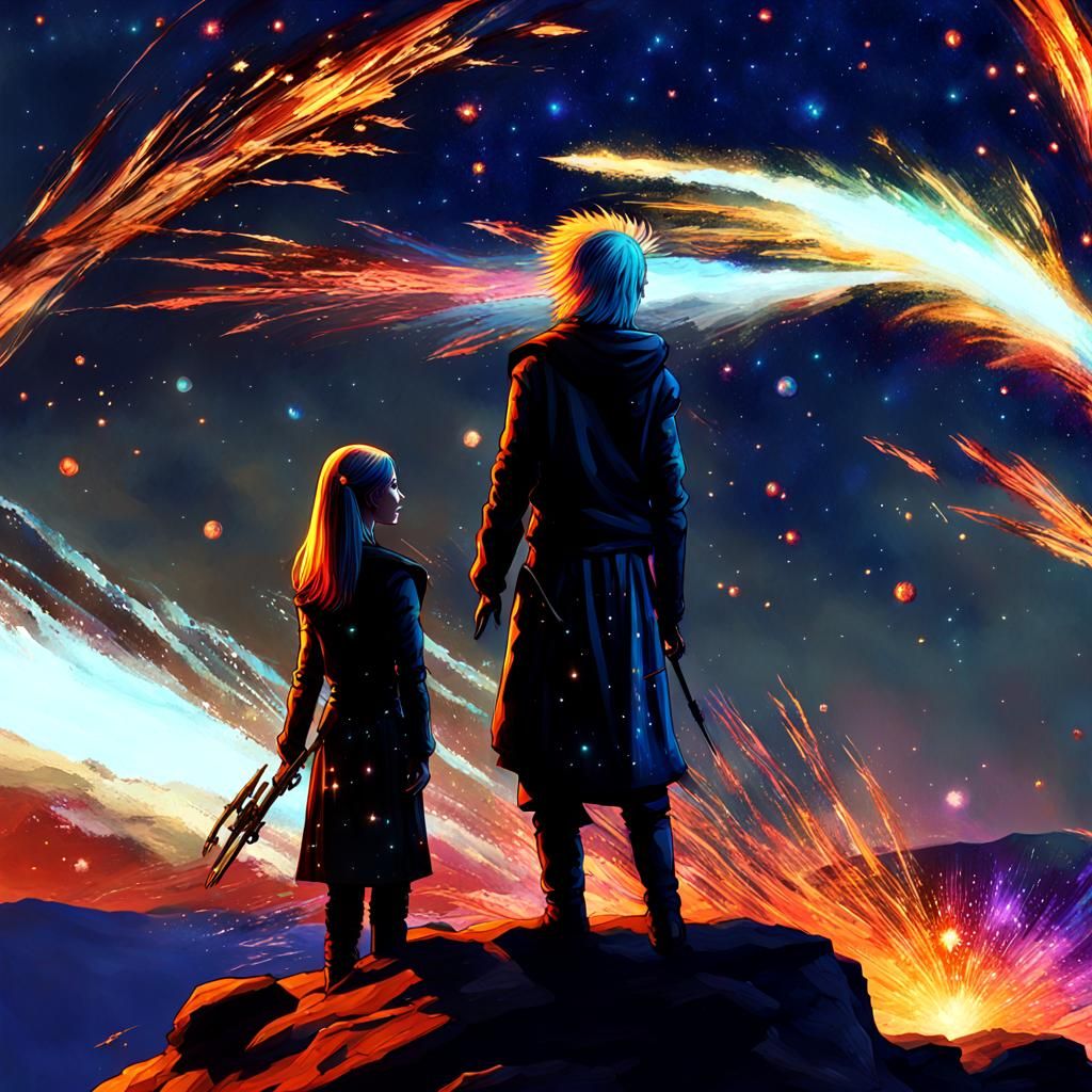 Sci-Fi Elven Woman and Man Amidst Galaxy