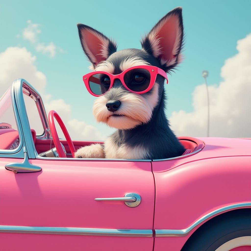 Miniature Schnauzer Cruises in Pastel Pink Barbie Dream Car