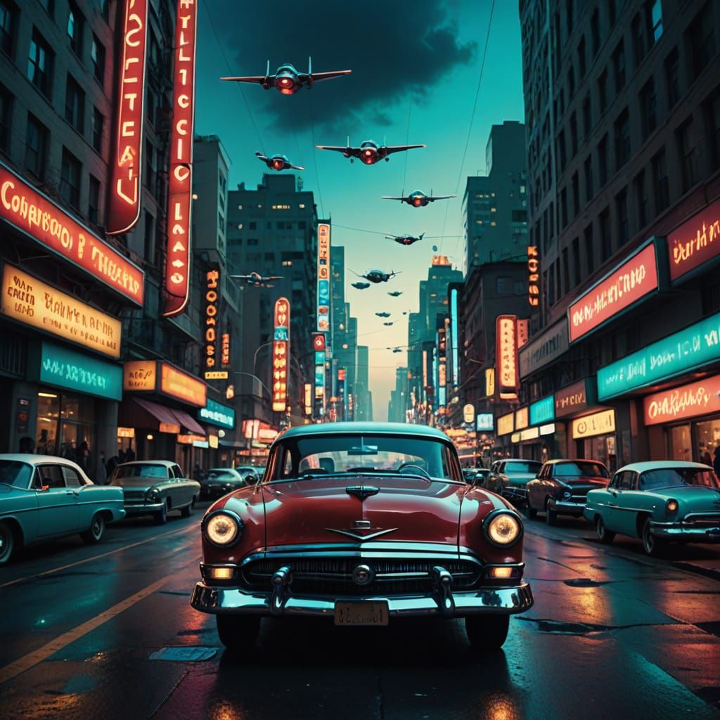 Flying 1950s Cars in a Retro-Futuristic City