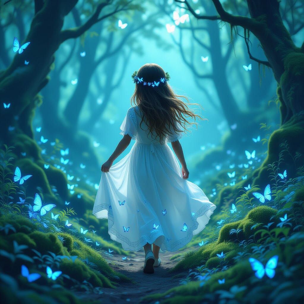 Bioluminescent Girl in Dreamlike Forest, Art Nouveau Style
