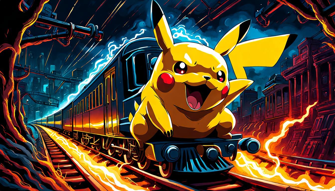 Sinister Pikachu Chasing Train in Digital Illustration