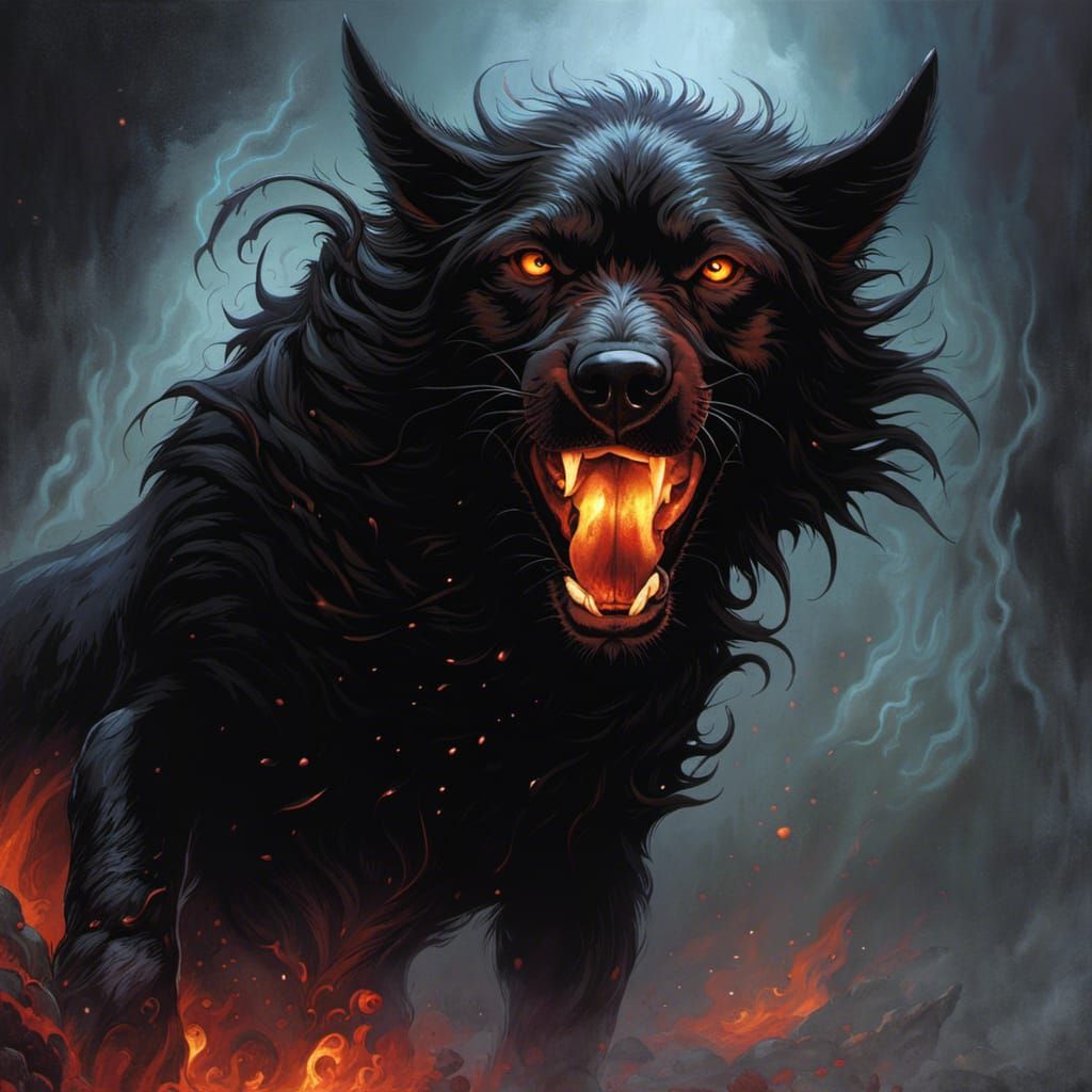 Hyperrealistic Hellhound with Fire Magic in Dark Fantasy