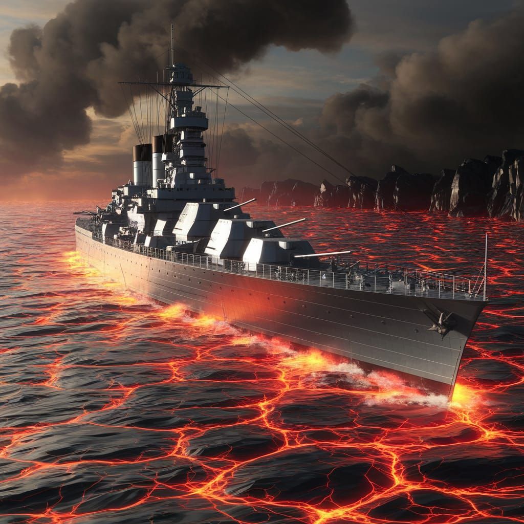 Battleship Sails Through Fiery Lava Sea