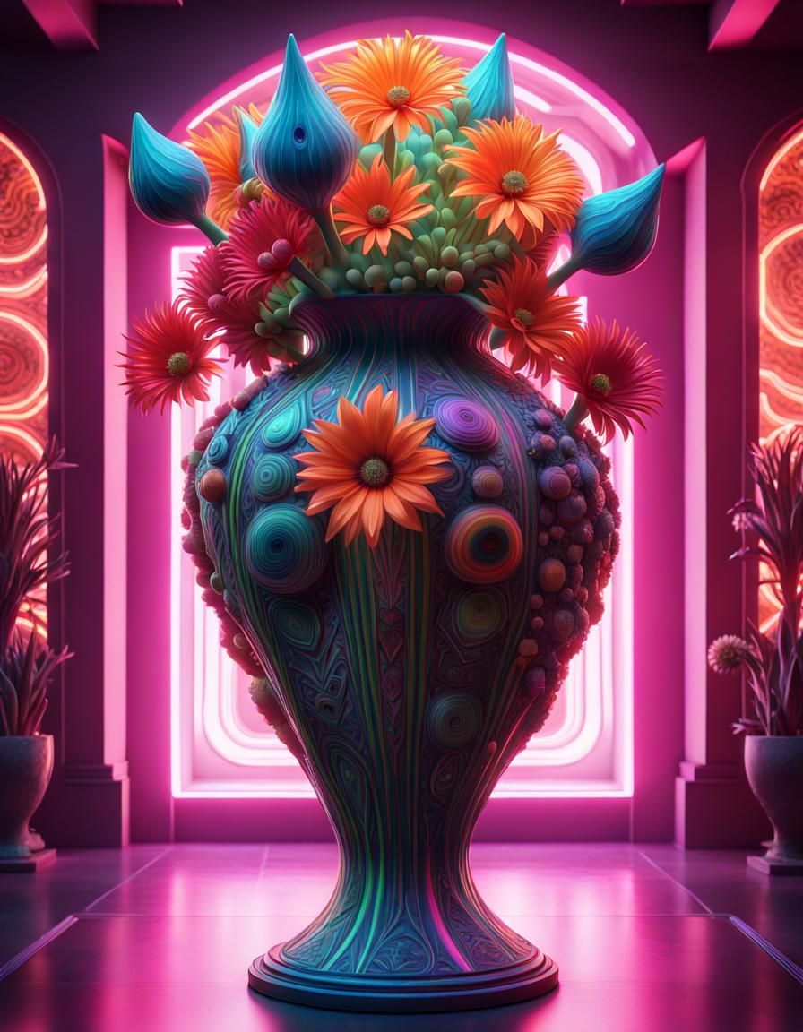 Intricate Avant-Garde Vase with Neon Alien Flowers