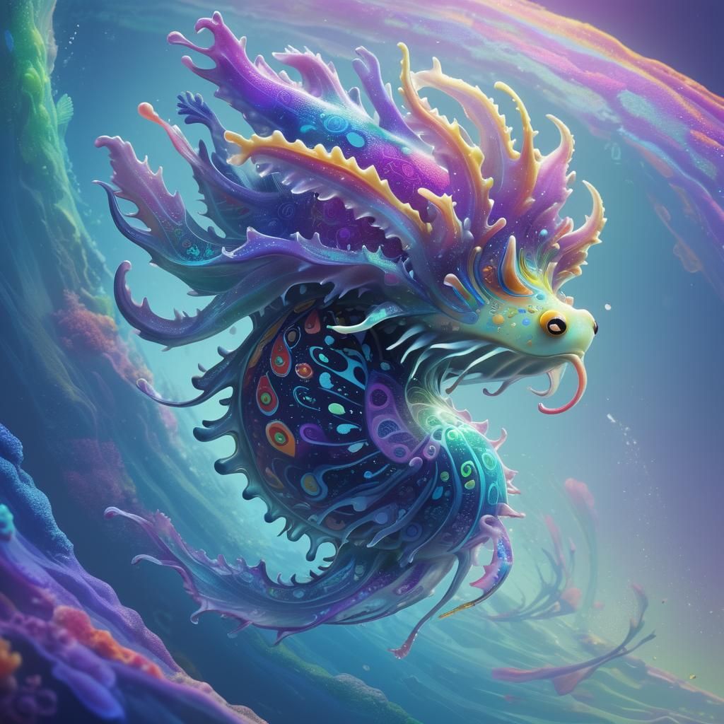 Anthropomorphic Rainbow Sea Slug: Detailed Matte Painting