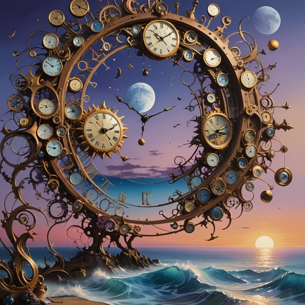 Surrealist Seascape: Ocean of Clocks Under a Moon Sun