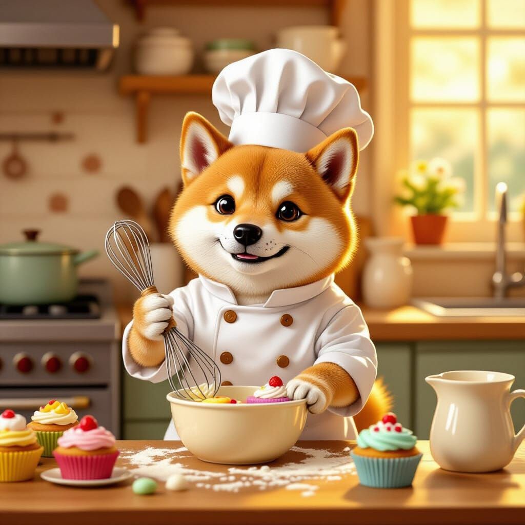 Shiba Inu Chef Baking Cupcakes in Cozy Kitchen