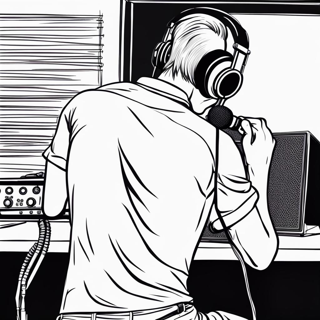 Drawing of Radio Jockey at Microphone, Back View