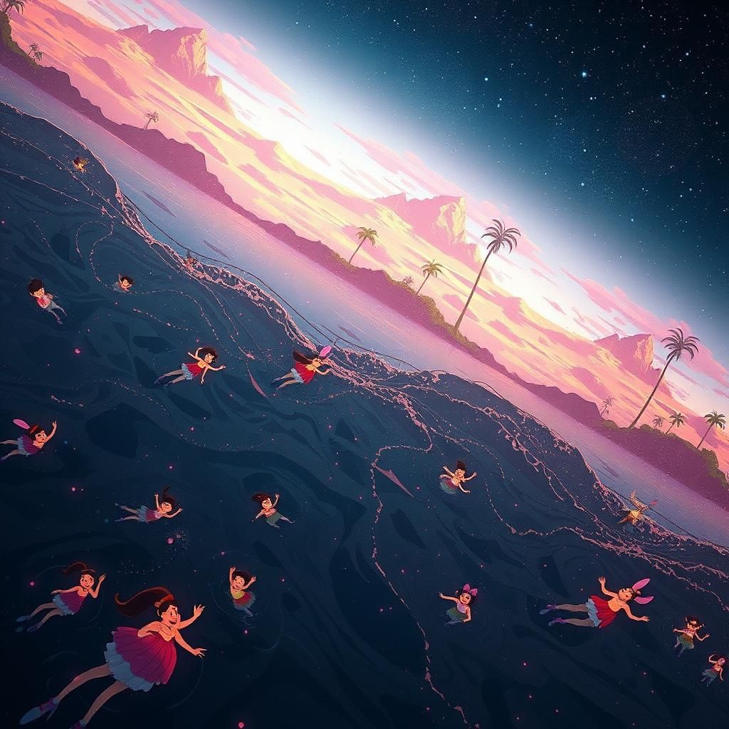 Disney Characters Water Fight in Villa, Animated Style