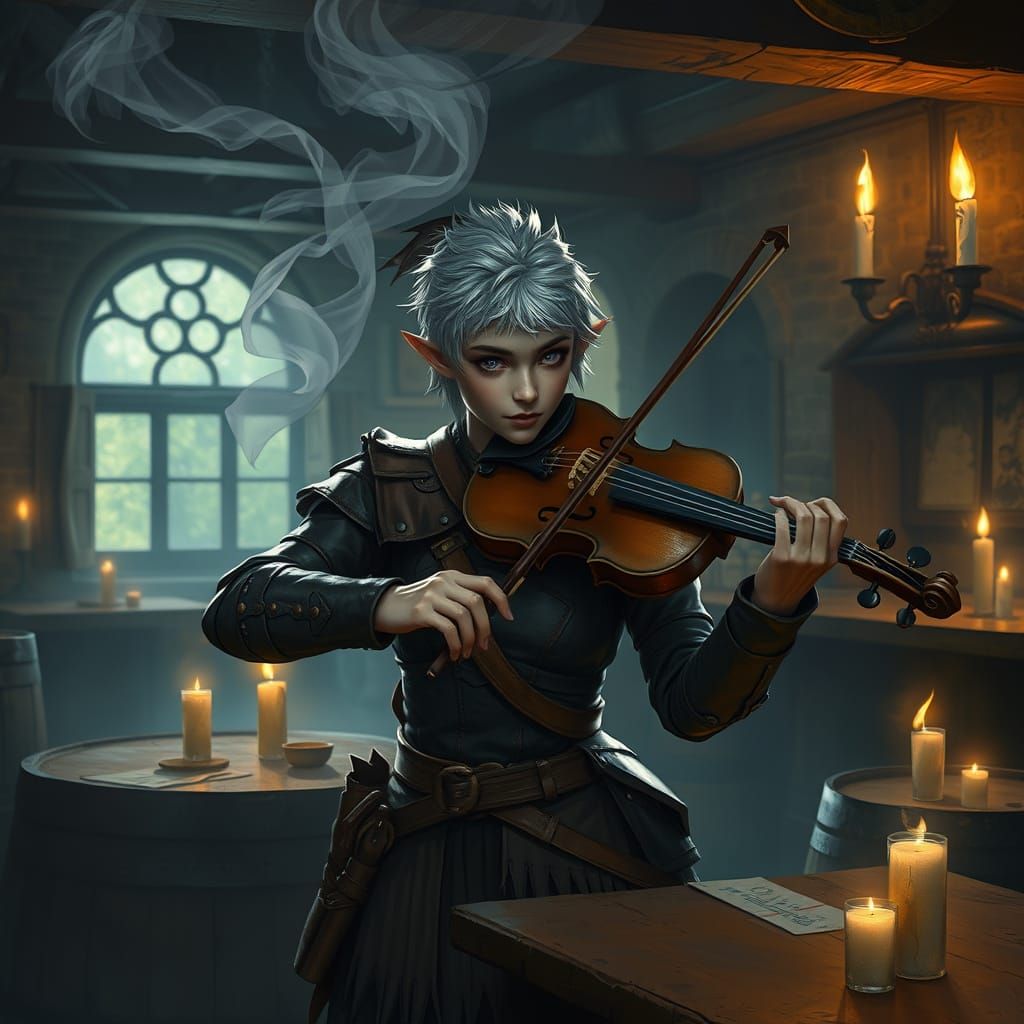 Dark Elf Rogue Plays Violin in Tavern