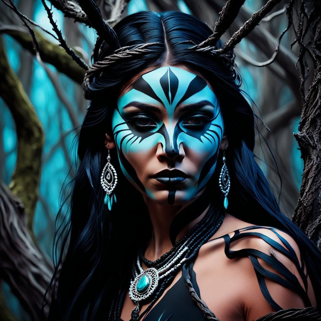 Goth Princess Pocahontas Portrait in Dark Surrealism Style