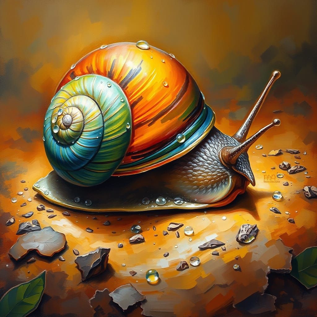 Whimsical Oil Painting of a Multicolored Snail Shell in a Fo...