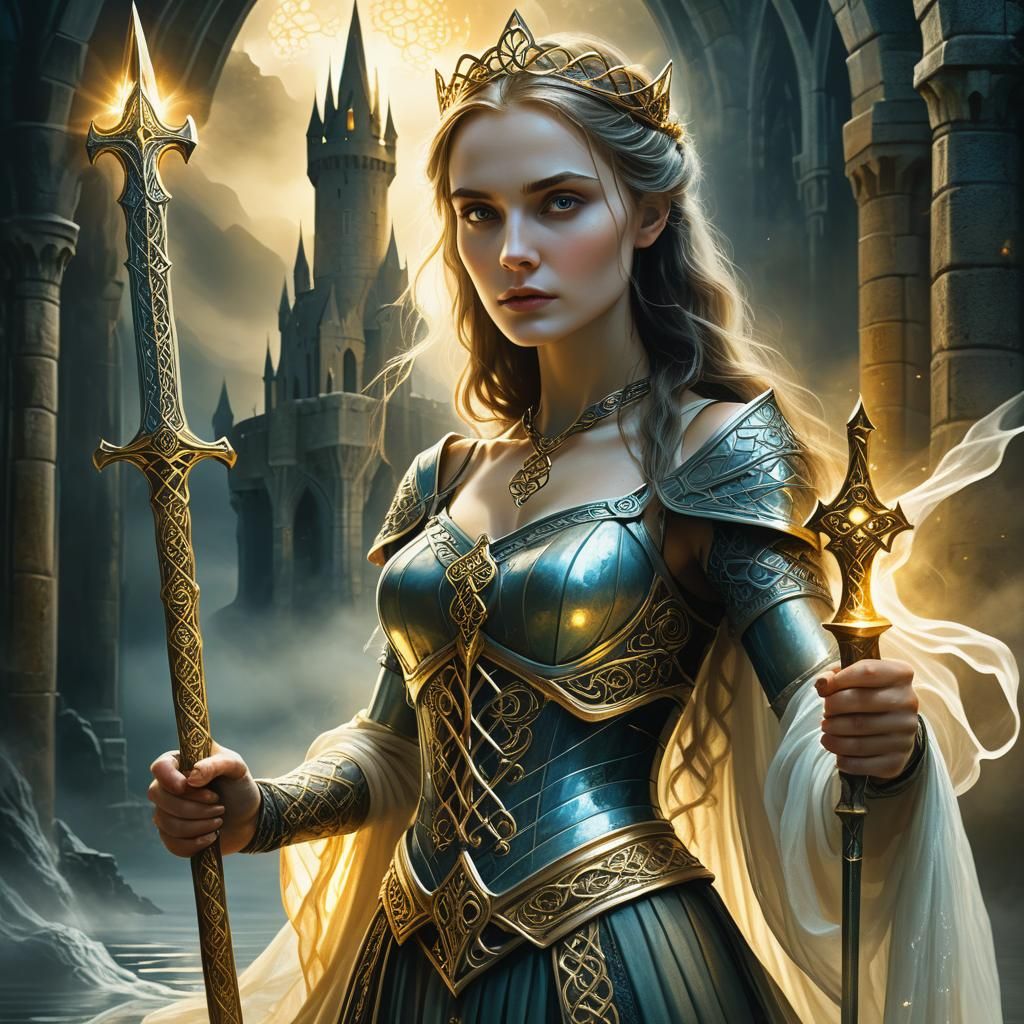 Lady of the Lake Holding Excalibur: Gothic Digital Painting
