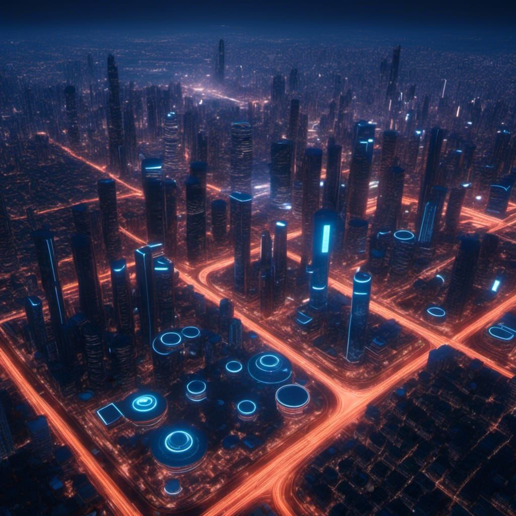 Aerial view of a digital cyber cityscape, neon, dusk, moonlight. <lora:Gridrunners v1:1.0> Unreal Engine 5.