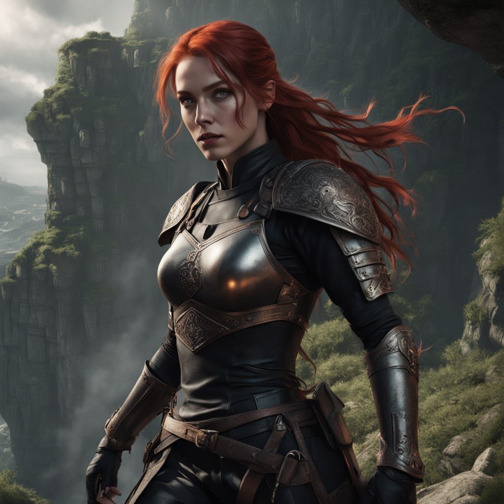 Redhead Warrior on Black Stallion in Jungle Chase