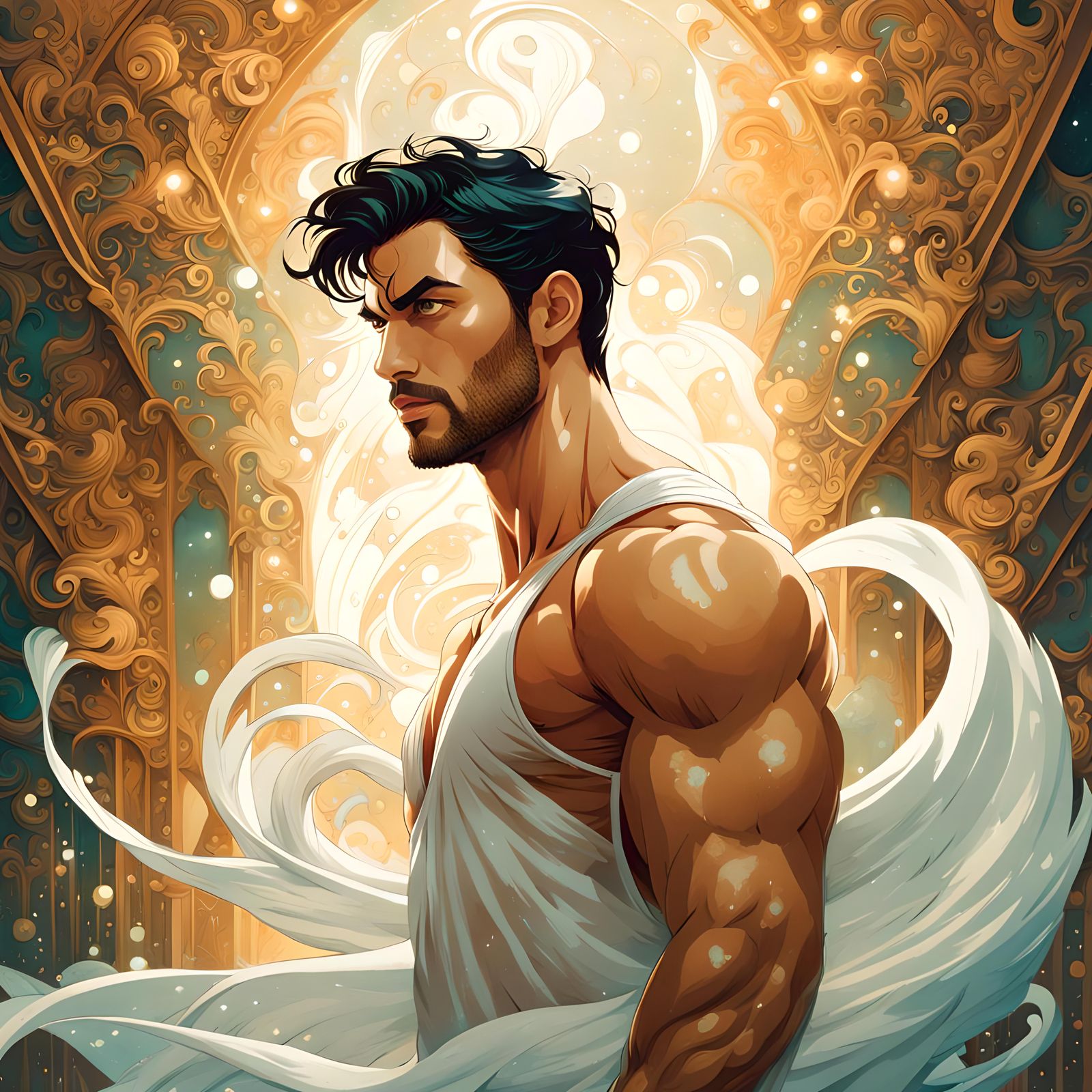 Muscular Man in Watercolor Splash Style