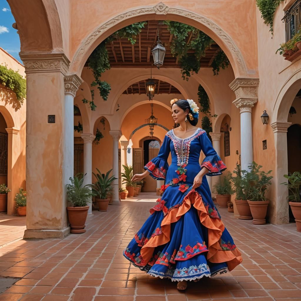 Flamenco Dancer in Spanish Courtyard at Sunset