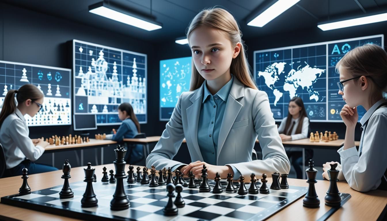 AI-Enhanced Chess Prodigy in Futuristic Classroom