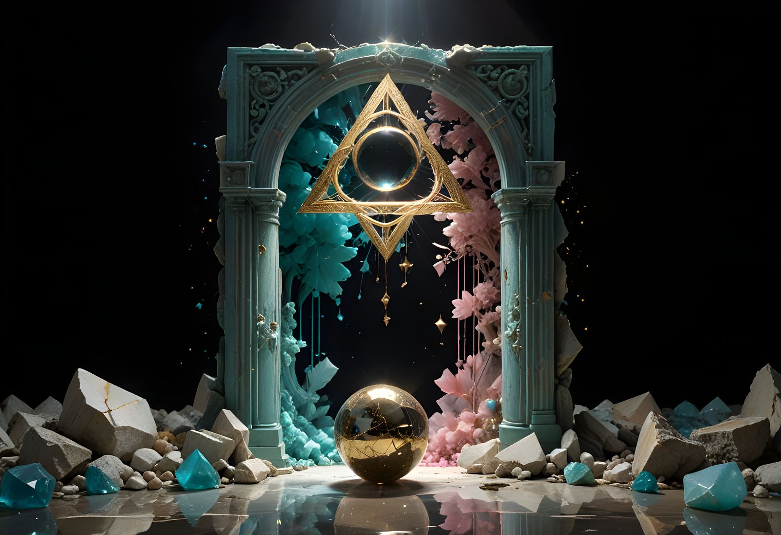 Surreal Sculpture Opens Ruined Gate in Gemstone Landscape