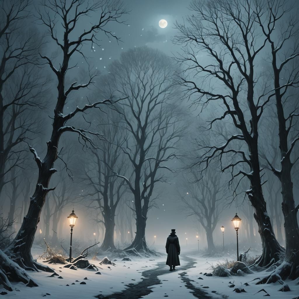 Eerie Figure in Frozen Forest, Atmospheric Concept Art
