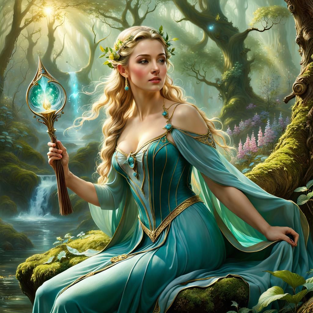 Elven Figure Healing Forest in Dreamlike Matte Painting