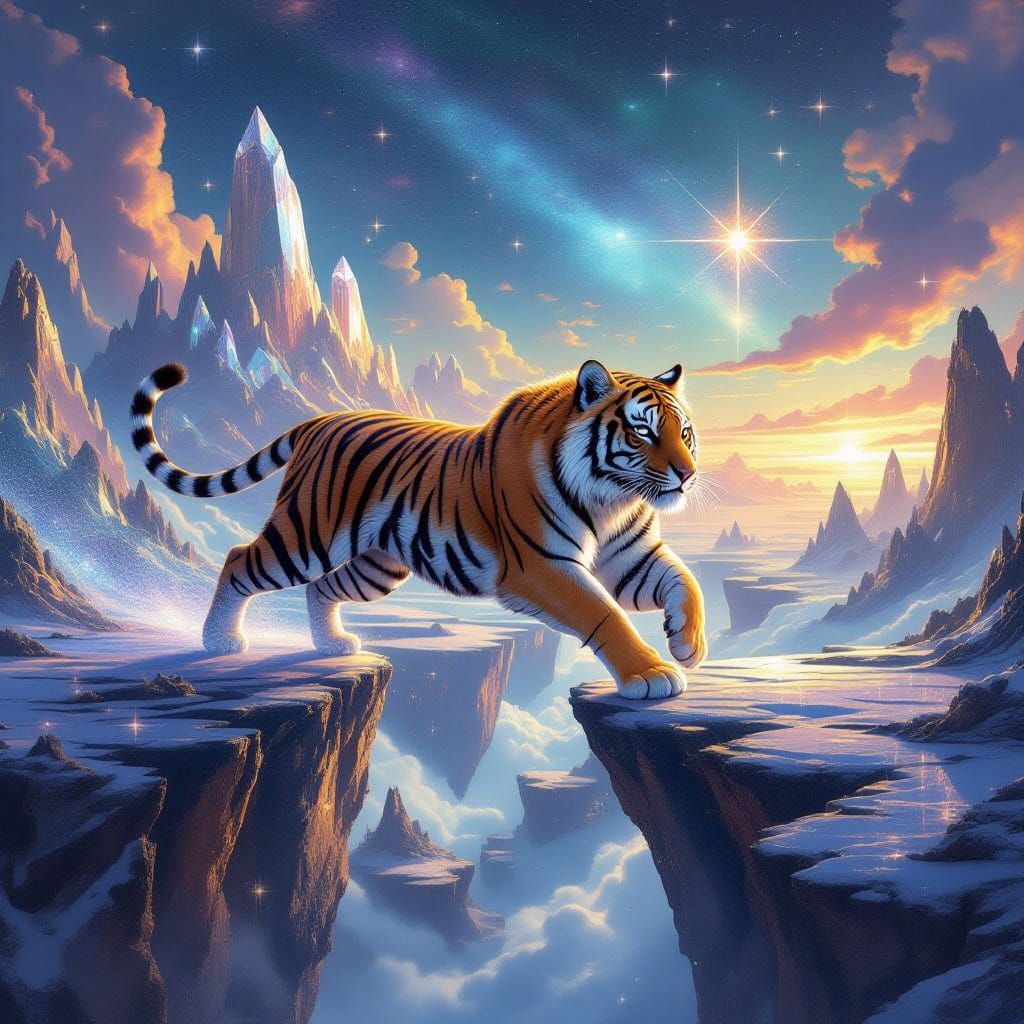 Cosmic Tigress Leaps Across Alien Chasm in Ethereal Landscap...