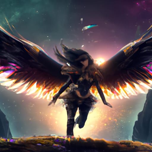 Fantasy Woman with Black Wings in Flight