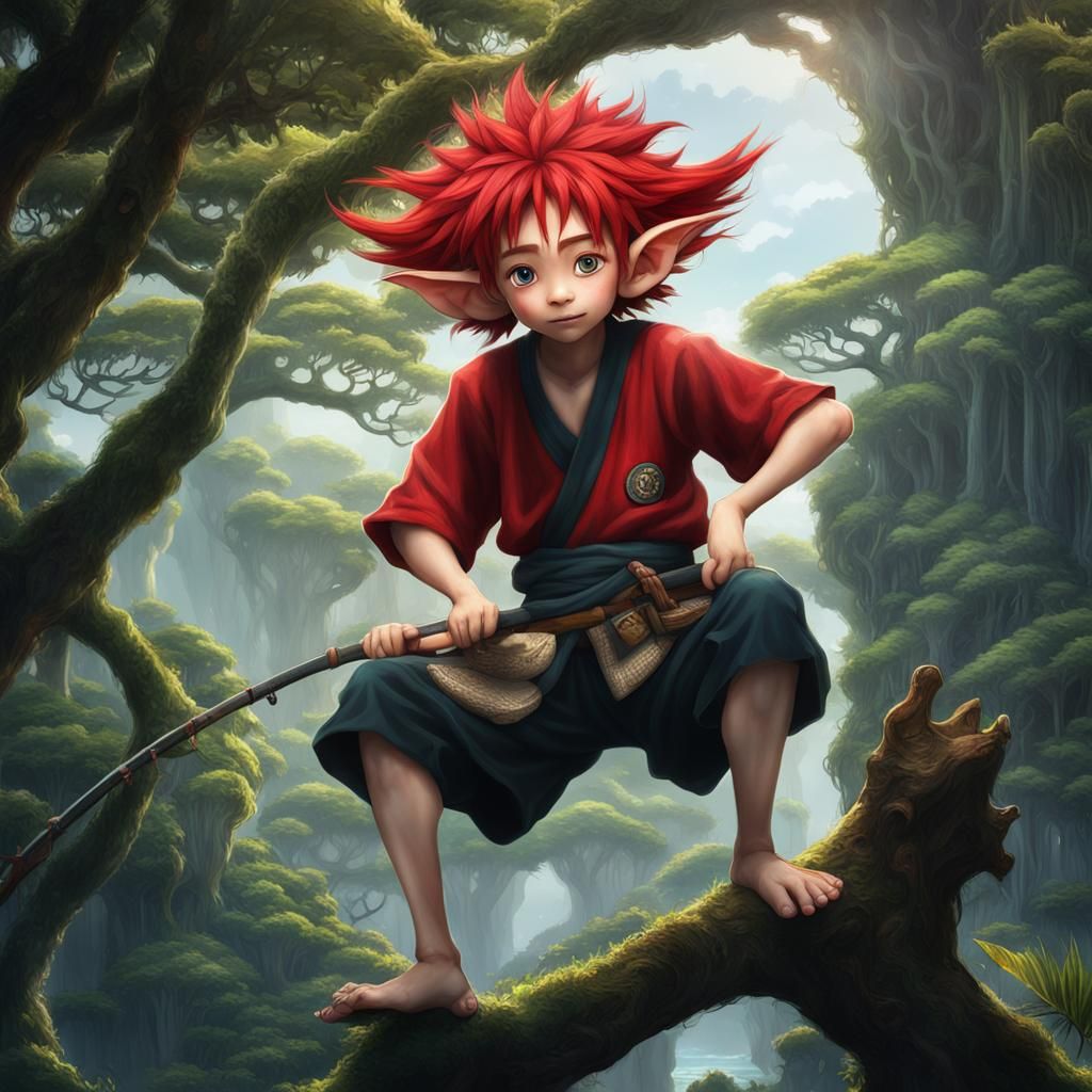 Okinawan Boy Fishing in Jungle, Hyperrealistic Digital Art