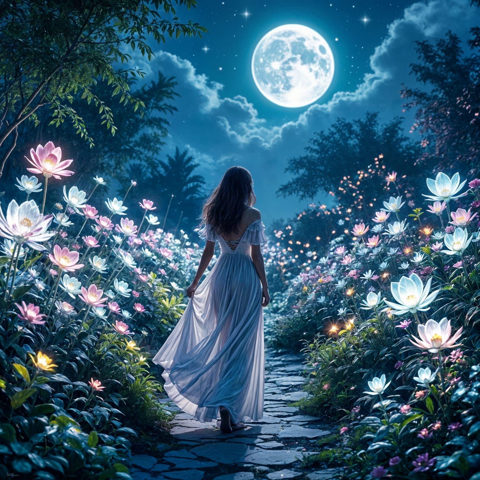 Surreal Moonlit Garden with Glowing Flora