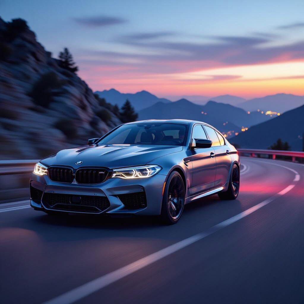 Sleek BMW M5 Speeds on Mountain Road at Dusk