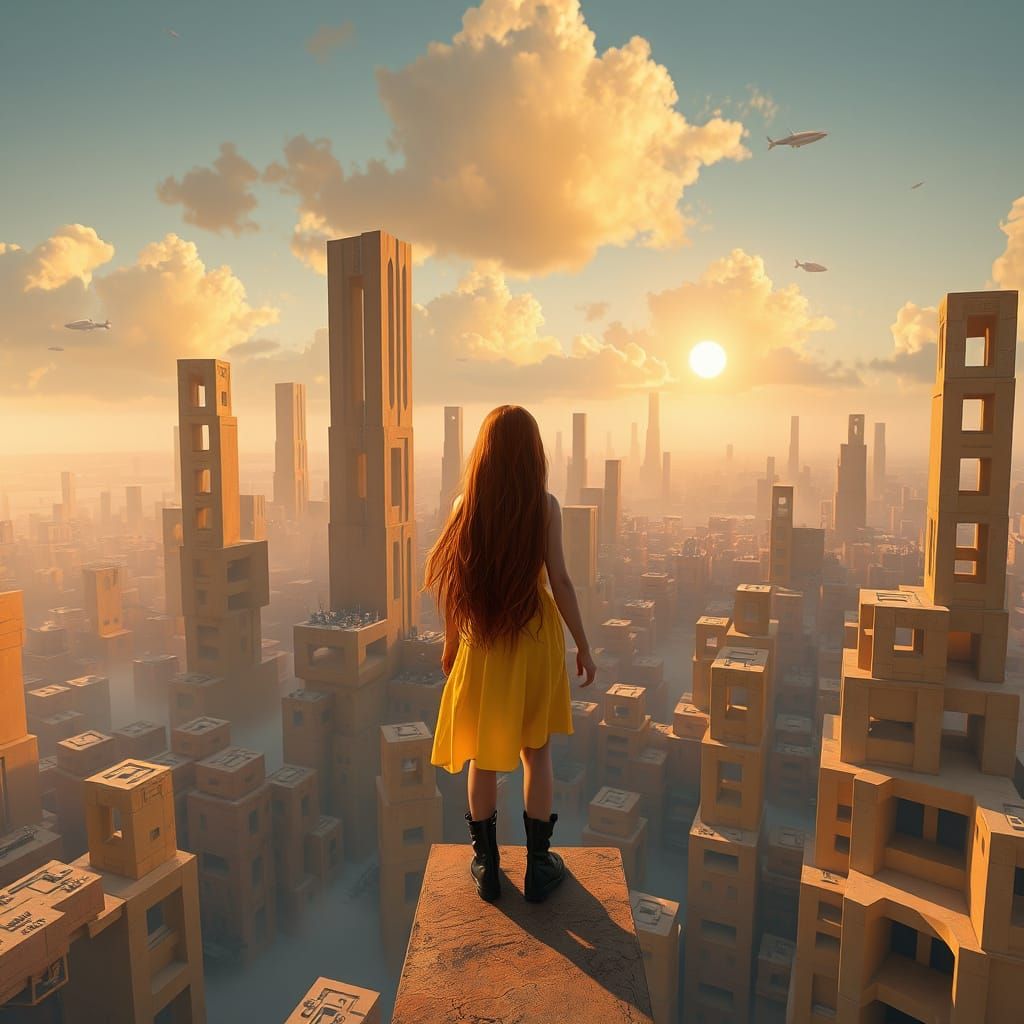 Girl in Yellow Dress Stands on Towering Block City in Dreaml...