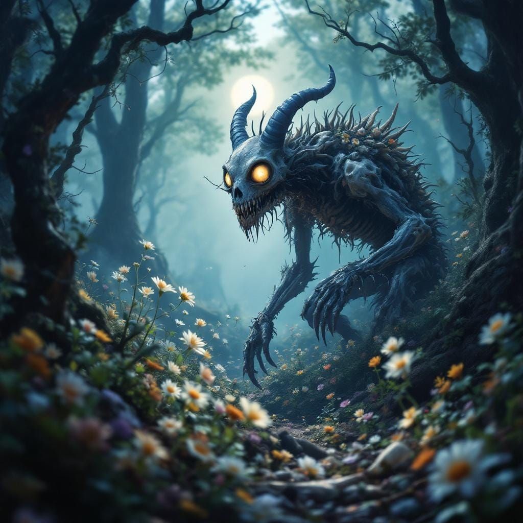 Forest Lurker Leaving Wildflower Trail: Digital Painting